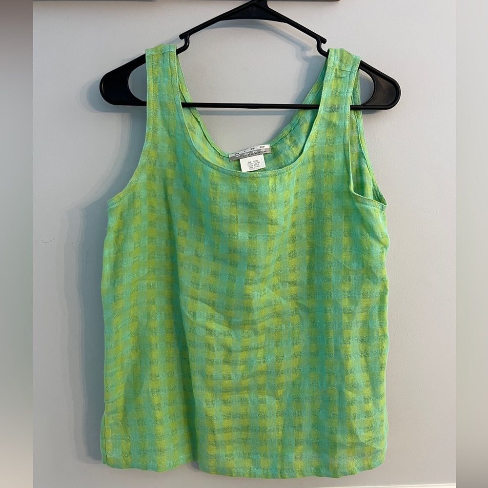 Vintage Boutique Nino Wong California Linen Boxy Tank Top Small Green Plaid 106